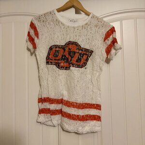 Oklahoma State Cowboys Lace Top Women's Small White Short Sleeve E5 Sheer